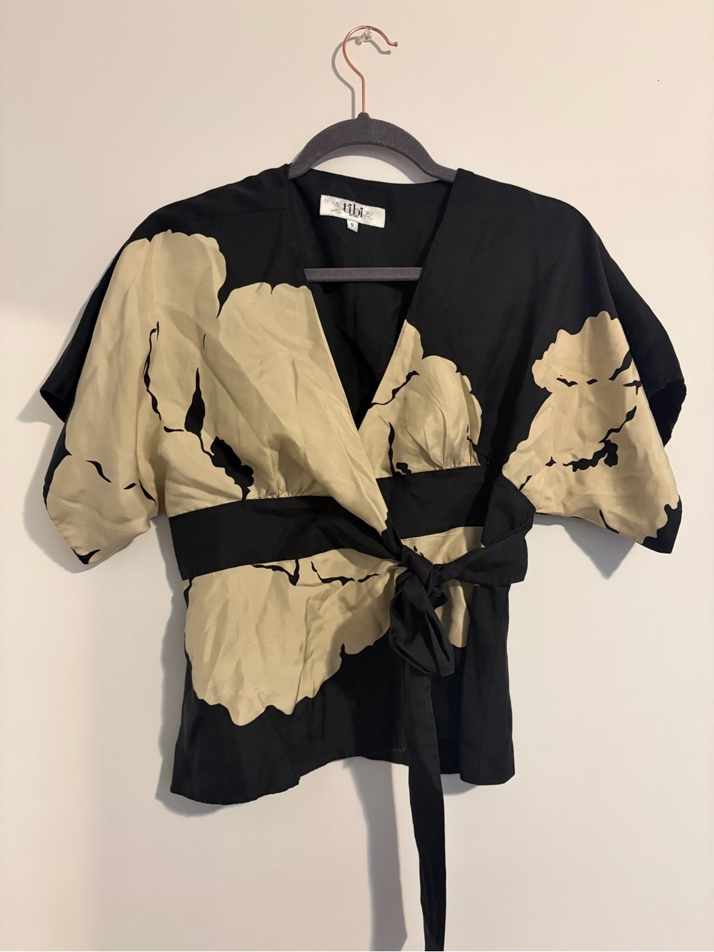 2000s Tibi Black Wrap Blouse with Cream Floral Print